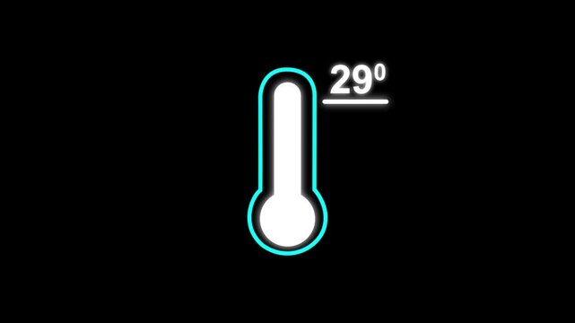 Neon glowing medical thermometer icon animation. That's indicates weather temperature 29  degree increase or decline. Thermometer equipment showing hot or cold weather.
