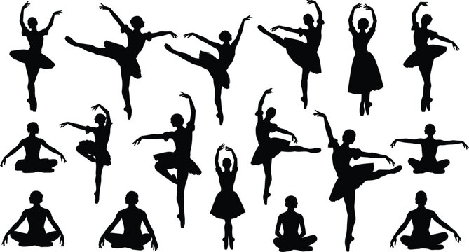 Silhouette illustration of ballet dancers and yoga poses symbolizing elegance, discipline, meditation, and body movement for fitness, lifestyle, and creative design projects
