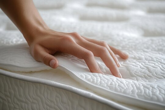 hand pressing quilted white mattress topper, testing softness and comfort with a gentle touch