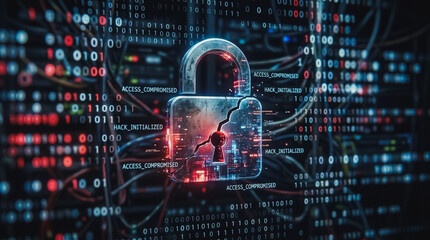 Cybersecurity Data Breach Concept Featuring a Broken Digital Padlock over Binary Code and Network Server Wires