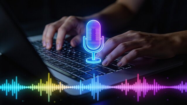 Podcast recording and voice recognition concept with glowing microphone icon over laptop keyboard,audio streaming communication and sound wave visualization technology