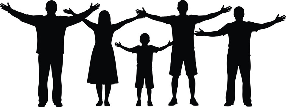 Silhouette illustration of diverse human figures with outstretched arms symbolizing unity, inclusiveness, openness, and family diversity for social, educational, and community design projects
