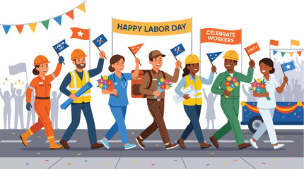 Obraz premium Illustration of diverse workers marching in a Labor Day parade with flags and banners on a city street