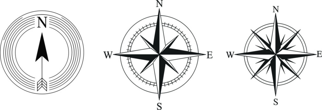 Three black and white compass rose designs with directional indicators navigation north
