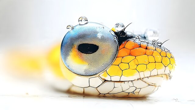 macro snake eye, water drops, detailed scales, yellow and orange