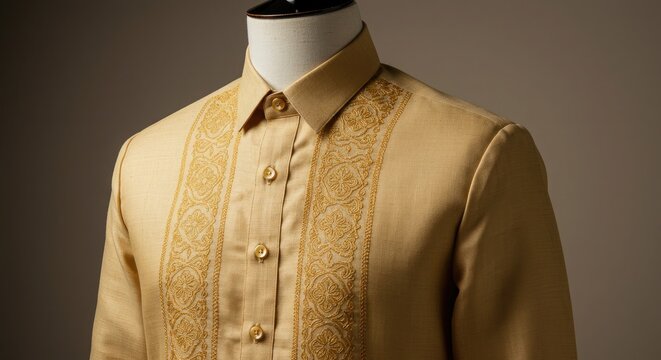 A traditional filipino barong tagalog shirt featuring intricate gold embroidery on beige fabric