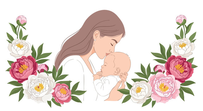 Illustration of a mother tenderly kissing her baby surrounded by vibrant flowers and green leaves on a clean white background.