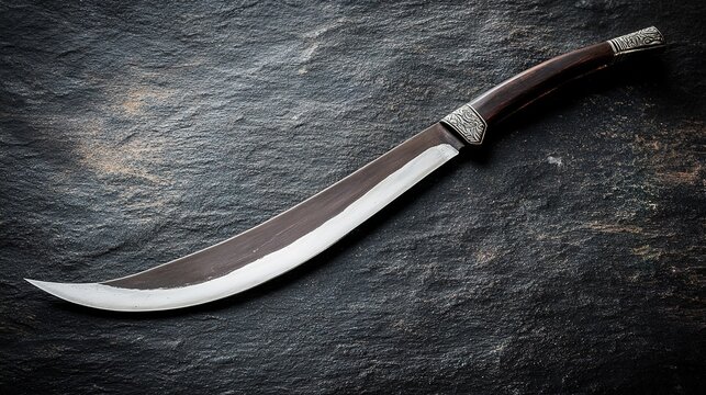 scabbard. Traditional Burmese straight-blade knife with silver inlay on a dark background. event programs, museum guides, designed for cultural heritage projects and event programs.