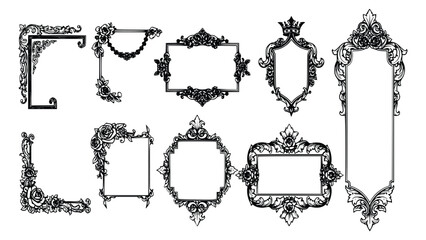 Ornate picture frames with floral designs and empty spaces for photos, showcasing various shapes and sizes of elegant black and white borders.