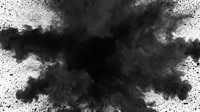 Black smoke explosion on white background. Dynamic black powder blast. Realistic dark smoke cloud spreading out in motion.