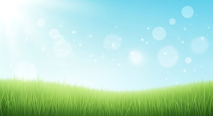 Obraz premium A serene landscape of lush green grass under a sunny blue sky with bokeh