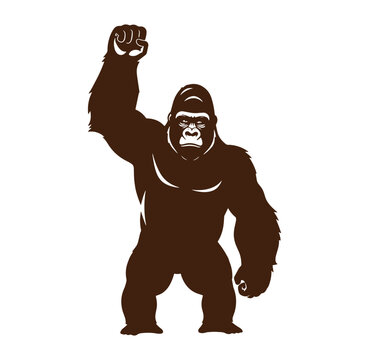 A powerful gorilla standing with one arm raised in a strong stance facing forward