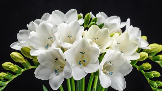 Beautiful white freesia flowers in a bouquet, captured in a timeless, elegant display