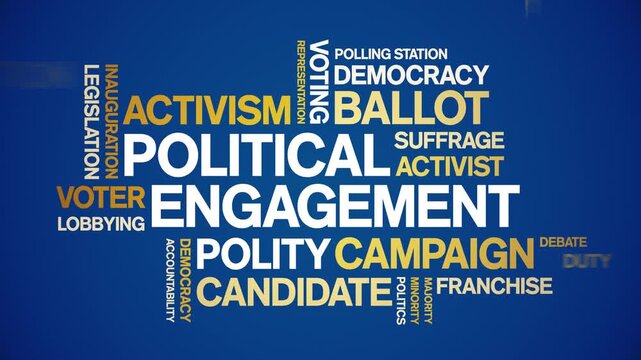 Political Engagement animated word cloud-text design animation tag kinetic typography seamless loop.