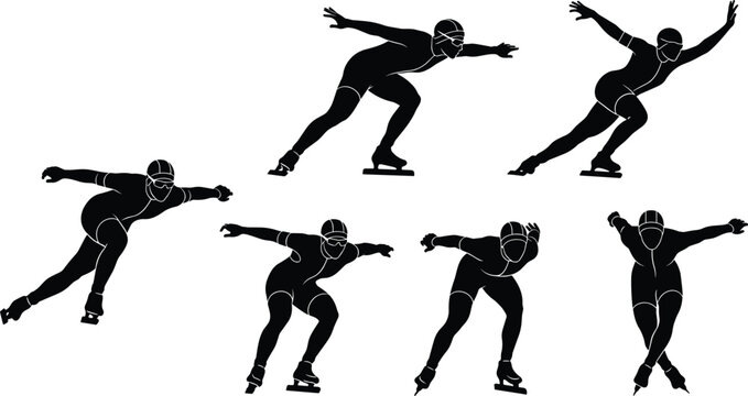 Silhouette illustration of speed skaters in dynamic poses with helmets and skates symbolizing athletics, motion, and winter sports for fitness and design projects