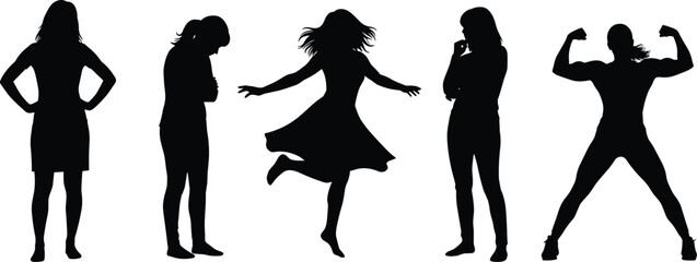 Woman silhouette pose set including standing, dancing, thinking and strong female power gesture isolated for lifestyle and body language illustration © PROTAP