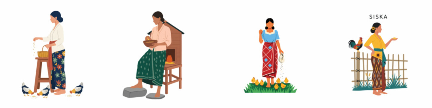 Set of traditional Southeast Asian women wearing Kebaya and Batik sarongs while performing various rural tasks like feeding chickens and poultry farming.