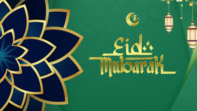 Modern Teal and Gold Eid Mubarak Banner with Mandala and Hanging Lanterns