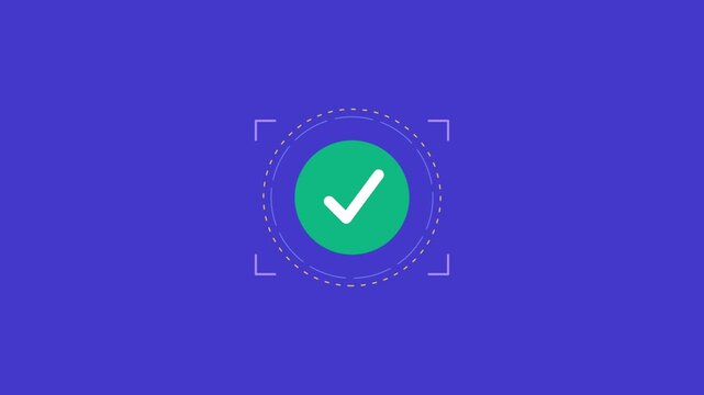 Animated success checkmark icon with dynamic graphic elements on a vibrant blue background illustrating completion