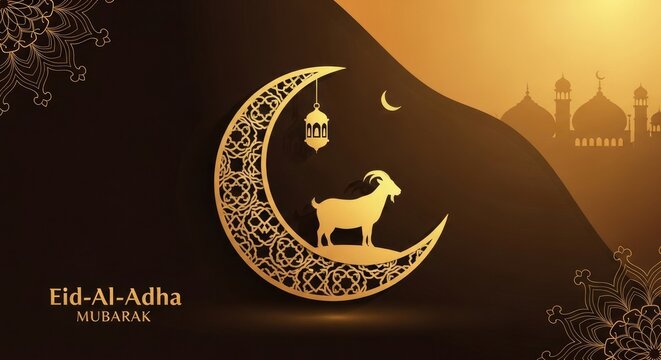 Eid al adha celebration background with crescent moon and sheep silhouette