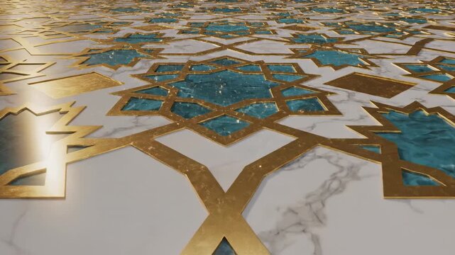 Intricate Golden Geometric Pattern On White Marble With Teal Inlay Repeating Seamlessly Luxury Architectural Detail