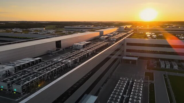 Aerial View of a Modern Industrial Complex at Sunset With Rows of Server Racks and Green Rooftops
