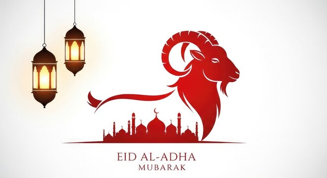 Eid al adha celebration background with red ram and lanterns