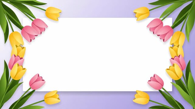 Beautiful floral border with pink and yellow tulips and green leaves framing a blank white space for text or design