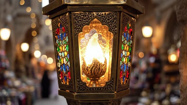 Ornate Metal Lantern With Stained Glass Panels Glowing Warmly In A Bustling Bazaar At Dusk With Soft Bokeh Lights