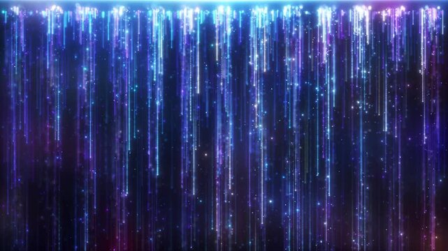 Blue particle lines waterfall, purple particle lines cascade down like a waterfall, with blue-purple particle rays continuously growing and falling, elegant and beautiful particles background video.