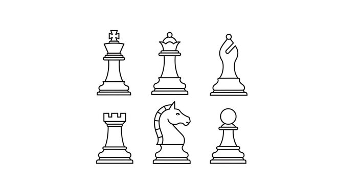 Illustration of chess pieces in a line-up, featuring a king, queen, bishop, rook, knight, and pawn, outlined in black on a white background