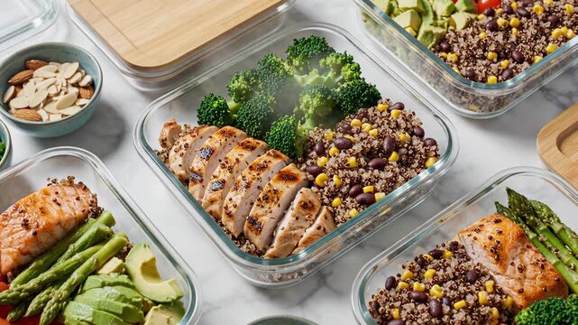Healthy Meal Prep With Chicken Broccoli Quinoa And Salmon Asparagus In Glass Containers