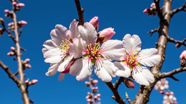 Beautiful close-up timelapse of delicate pink and white almond blossoms blooming against a clear blue sky