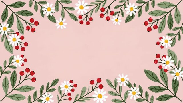 Whimsical floral border with red berries and white daisies on a soft pink background, evoking a charming and natural aesthetic