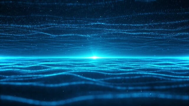 Blue ocean particle wave, digital wave particles flow virtual reality abstract cyber space environment background, blue ocean wave particles flow in space, modern and tech style with move over wave.