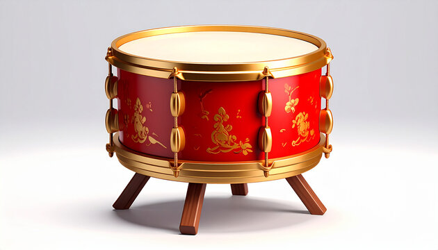 Vibrant red drum with gold accents musical instrument isolated on white