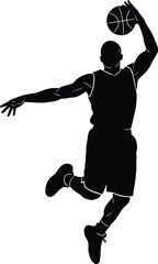 Basketball player slam dunk silhouette, dynamic jump motion, black sports artwork, athlete in uniform, powerful action pose, competitive game illustration artwork © MD
