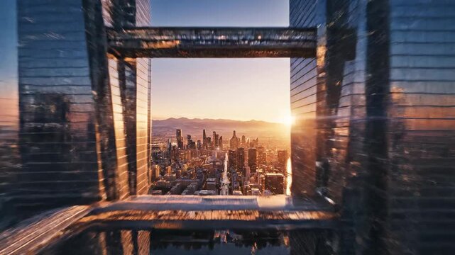 Futuristic Cityscape At Sunset With Flying Vehicles And Illuminated Skyscrapers Reflecting Warm Light