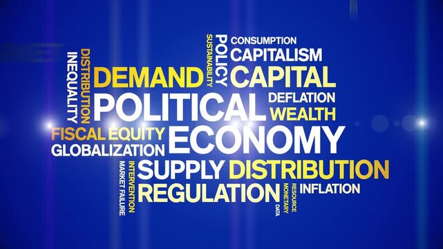 Political Economy animated word cloud-text design animation tag kinetic typography seamless loop.