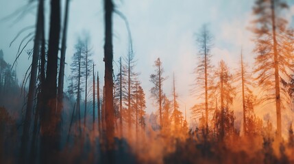 Obraz premium A misty forest scene at sunrise or sunset with tall, thin trees silhouetted against a glowing orange sky, creating a serene and ethereal atmosphere.