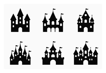 Collection of Six Black Silhouette Castle on White Background © Sultana