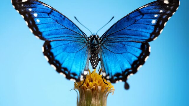 Stunning close-up macro photograph of a vibrant blue morpho butterfly perched on a delicate flower against a soft blue background, showcasing intricate wing patterns and textures