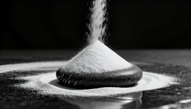 minimalist zen white sand pouring creating perfect cone shape on smooth dark stone