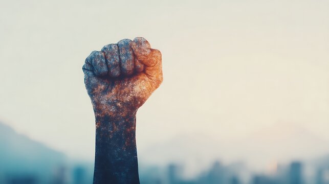 A raised fist symbolizes strength, unity, and resistance, with an overlay of a cracked earth texture representing environmental and social issues.
