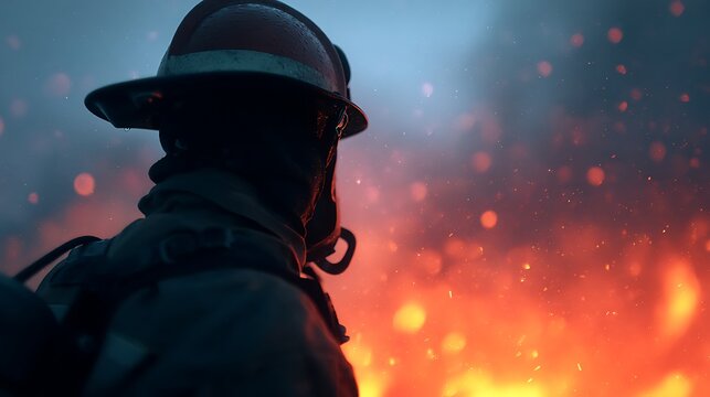 A firefighter in protective gear faces intense flames, surrounded by smoke and glowing embers in a dramatic emergency scene.