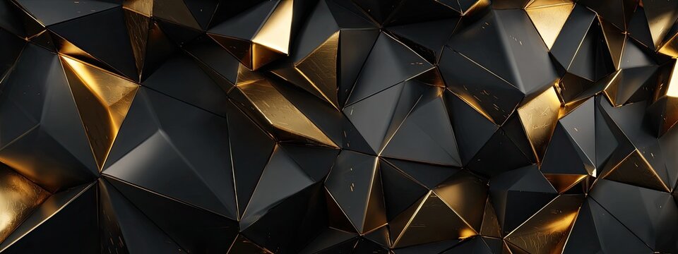 Abstract geometric background with black triangles and golden highlights, texture