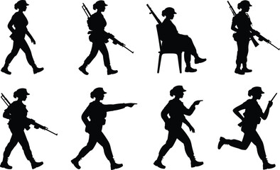 Silhouette female soldier poses walking, sitting, pointing, running, using radio, holding rifle, military uniform, army activity, vector illustration design