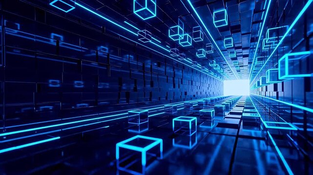 Futuristic corridor with glowing blue cubes