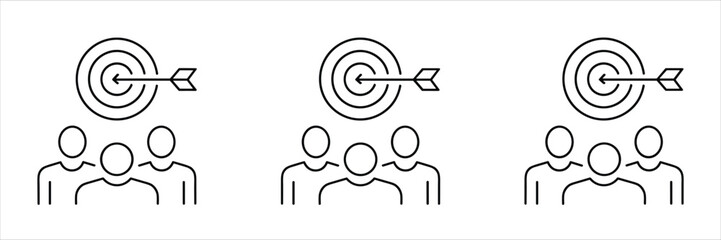 Three target and arrow icons with group of people icons on white background dart bullseye