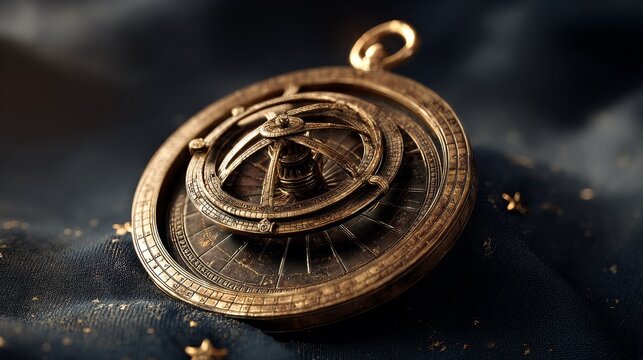 Antique brass astrolabe detailed intricate mechanical instrument